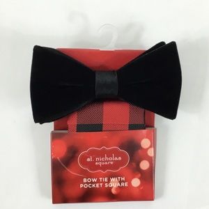 Black Velvet Bow Tie & Plaid Pocket Square